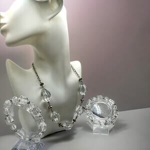 Clear Beaded Crystal Silver-Tone Spacers Necklace & 2 Bracelets Set!
